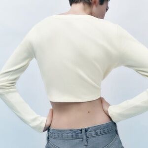 Zara oyster white V-neck button up stretch ribbed cardigan NWT